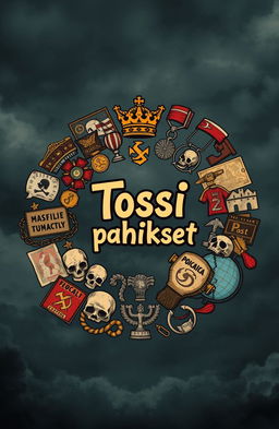 A circular arrangement of key symbols associated with power and control, including a crown, a throne, military medals, broken chains, skulls, and ruined palaces, alongside old propaganda posters and a cracked globe