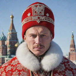 A compelling image of a Russian individual, possibly adorned in traditional attire, with elements like the iconic red square or snow-covered Siberian landscapes in the background.