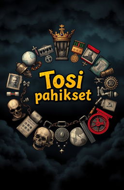 A circular arrangement of key symbols associated with power and control, including a crown, a throne, military medals, broken chains, skulls, and ruined palaces, alongside old propaganda posters and a cracked globe