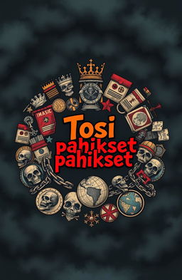 A circular arrangement of key symbols associated with power and control, including a crown, a throne, military medals, broken chains, skulls, and ruined palaces, alongside old propaganda posters and a cracked globe
