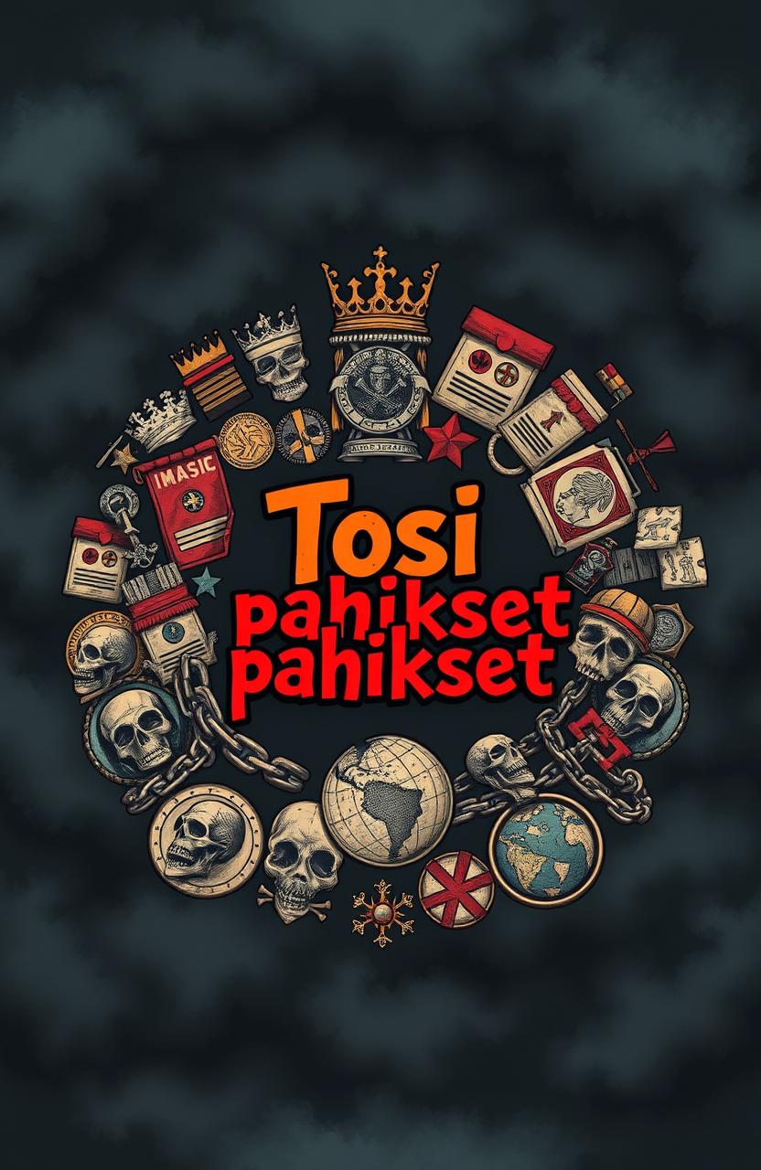 A circular arrangement of key symbols associated with power and control, including a crown, a throne, military medals, broken chains, skulls, and ruined palaces, alongside old propaganda posters and a cracked globe