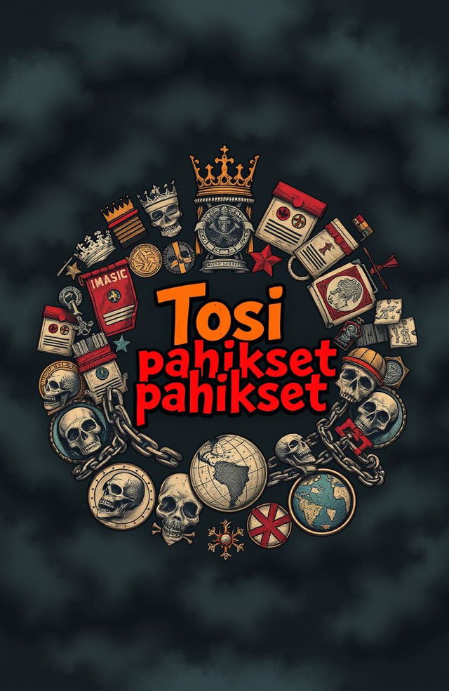 A circular arrangement of key symbols associated with power and control, including a crown, a throne, military medals, broken chains, skulls, and ruined palaces, alongside old propaganda posters and a cracked globe