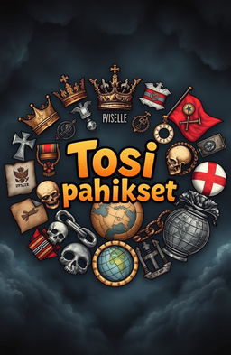 A circular arrangement of key symbols associated with power and control, including a crown, a throne, military medals, broken chains, skulls, and ruined palaces, alongside old propaganda posters and a cracked globe