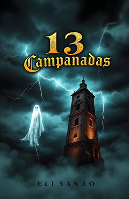 The cover design of a book titled '13 Campanadas', set in the 17th century, illustrating a haunting ghostly curse that activates when the bell tower strikes thirteen times