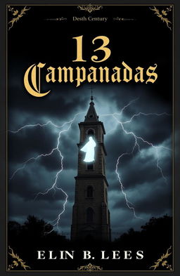The cover design of a book titled '13 Campanadas', set in the 17th century, illustrating a haunting ghostly curse that activates when the bell tower strikes thirteen times