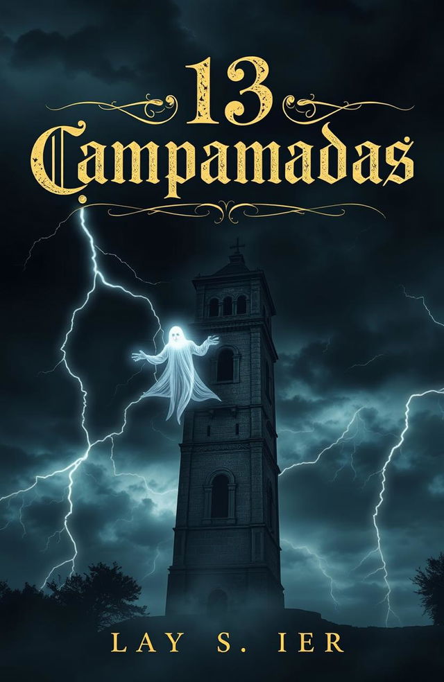 The cover design of a book titled '13 Campanadas', set in the 17th century, illustrating a haunting ghostly curse that activates when the bell tower strikes thirteen times