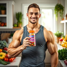 A strong, handsome man holding a gummy vitamin bottle, showcasing his muscular arms and confident demeanor