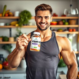 A strong, handsome man holding a gummy vitamin bottle, showcasing his muscular arms and confident demeanor