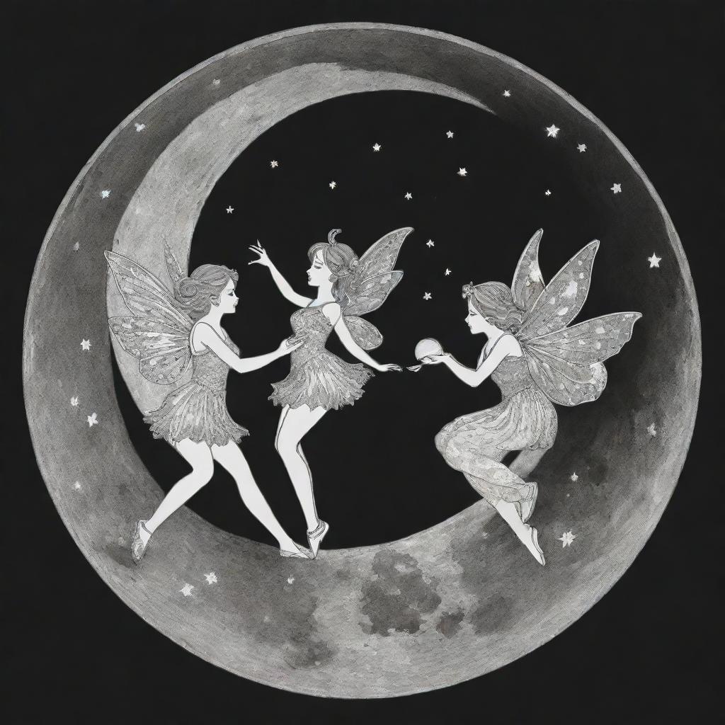 A celestial, two-dimensional black and white outline of enchanting fairies playing on the moon for a colouring page.