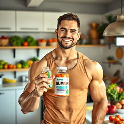A strong, handsome man holding a gummy vitamin bottle, showcasing his muscular arms and confident demeanor