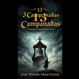 The cover design of a book titled '13 Campanadas' by José Manuel Moya Vicente, set in the 17th century, illustrating a haunting curse that activates when the bell tower strikes thirteen times
