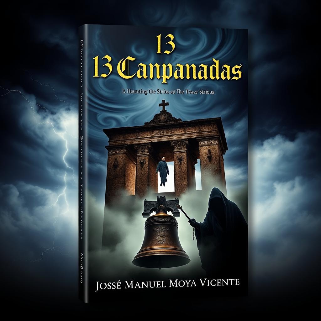 The cover design of a book titled '13 Campanadas' by José Manuel Moya Vicente, set in the 17th century, illustrating a haunting curse that activates when the bell tower strikes thirteen times