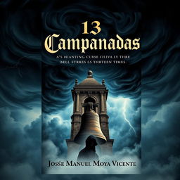 The cover design of a book titled '13 Campanadas' by José Manuel Moya Vicente, set in the 17th century, illustrating a haunting curse that activates when the bell tower strikes thirteen times