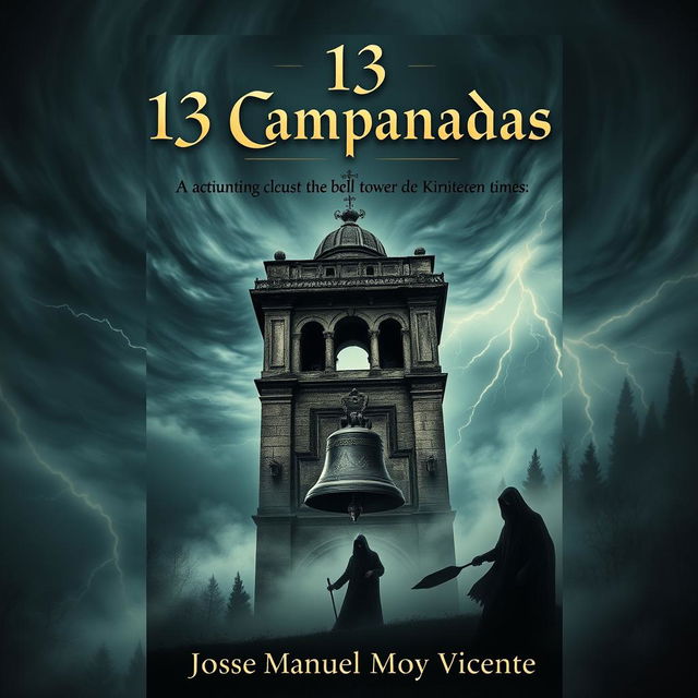 The cover design of a book titled '13 Campanadas' by José Manuel Moya Vicente, set in the 17th century, illustrating a haunting curse that activates when the bell tower strikes thirteen times