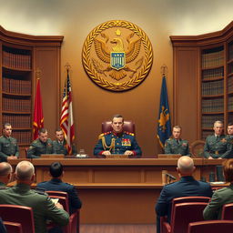 A detailed scene of a military court setup, showcasing a judge in ceremonial military attire presiding over a formal courtroom