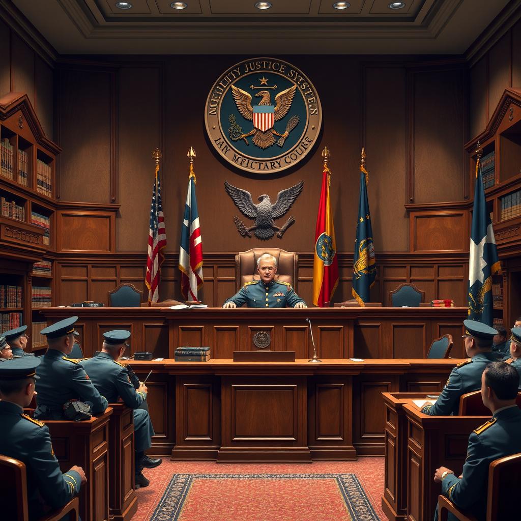 A detailed scene of a military court setup, showcasing a judge in ceremonial military attire presiding over a formal courtroom