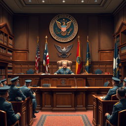 A detailed scene of a military court setup, showcasing a judge in ceremonial military attire presiding over a formal courtroom