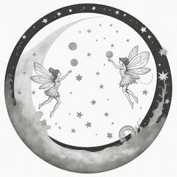 A celestial, two-dimensional black and white outline of enchanting fairies playing on the moon for a colouring page.