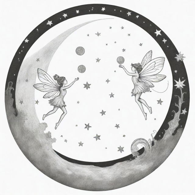 A celestial, two-dimensional black and white outline of enchanting fairies playing on the moon for a colouring page.