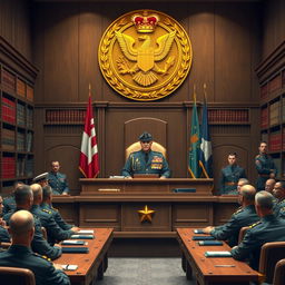 A detailed scene of a military court setup, showcasing a judge in ceremonial military attire presiding over a formal courtroom