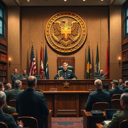 A detailed scene of a military court setup, showcasing a judge in ceremonial military attire presiding over a formal courtroom
