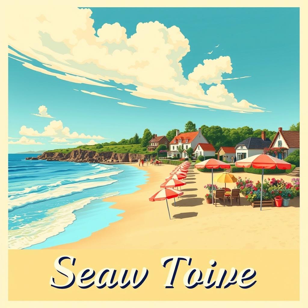 A stunning vintage travel poster featuring a picturesque seaside destination