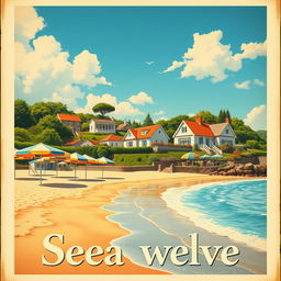 A stunning vintage travel poster featuring a picturesque seaside destination