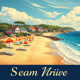A stunning vintage travel poster featuring a picturesque seaside destination
