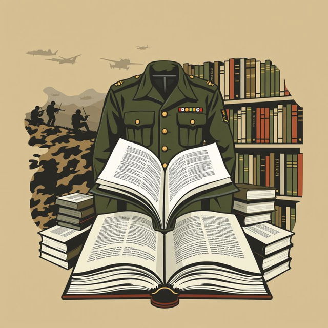 A striking design combining military elements and an array of books