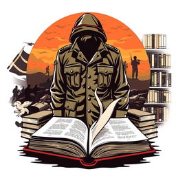 A striking design combining military elements and an array of books
