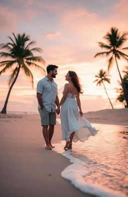 A romantic scene set during a beautiful sunset on a deserted beach, where a couple is holding hands while walking along the shoreline
