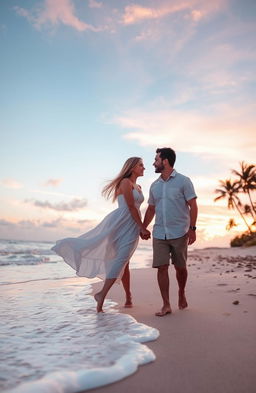 A romantic scene set during a beautiful sunset on a deserted beach, where a couple is holding hands while walking along the shoreline