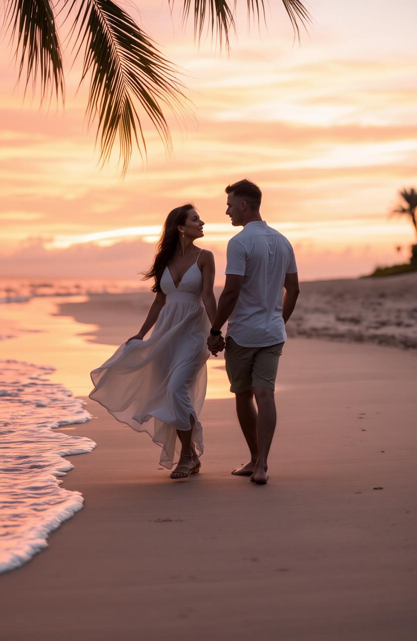 A romantic scene set during a beautiful sunset on a deserted beach, where a couple is holding hands while walking along the shoreline