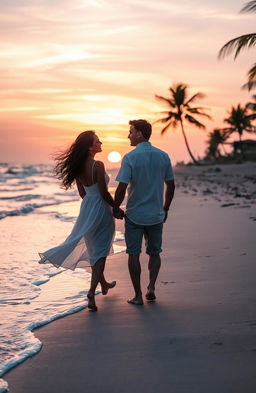 A romantic scene set during a beautiful sunset on a deserted beach, where a couple is holding hands while walking along the shoreline