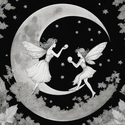 A celestial, two-dimensional black and white outline of enchanting fairies playing on the moon for a colouring page.