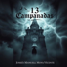 The cover design of a book titled '13 Campanadas' by José Manuel Moya Vicente, focused on theme of mystery and horror set in the 17th century