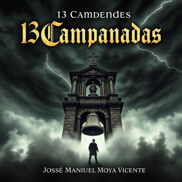 The cover design of a book titled '13 Campanadas' by José Manuel Moya Vicente, focused on theme of mystery and horror set in the 17th century