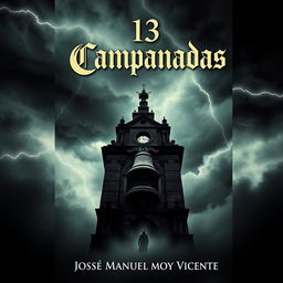 The cover design of a book titled '13 Campanadas' by José Manuel Moya Vicente, focused on theme of mystery and horror set in the 17th century