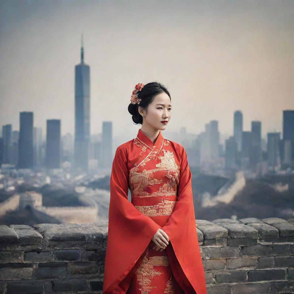 A striking image representing a Chinese individual, perhaps in traditional dress, set against a backdrop featuring iconic Chinese landmarks like the Great Wall or the bustling modern cityscape of Shanghai.