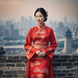 A striking image representing a Chinese individual, perhaps in traditional dress, set against a backdrop featuring iconic Chinese landmarks like the Great Wall or the bustling modern cityscape of Shanghai.