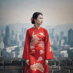 A striking image representing a Chinese individual, perhaps in traditional dress, set against a backdrop featuring iconic Chinese landmarks like the Great Wall or the bustling modern cityscape of Shanghai.