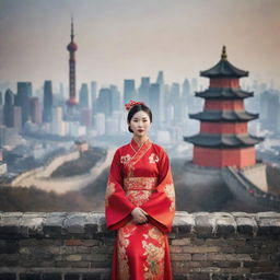 A striking image representing a Chinese individual, perhaps in traditional dress, set against a backdrop featuring iconic Chinese landmarks like the Great Wall or the bustling modern cityscape of Shanghai.