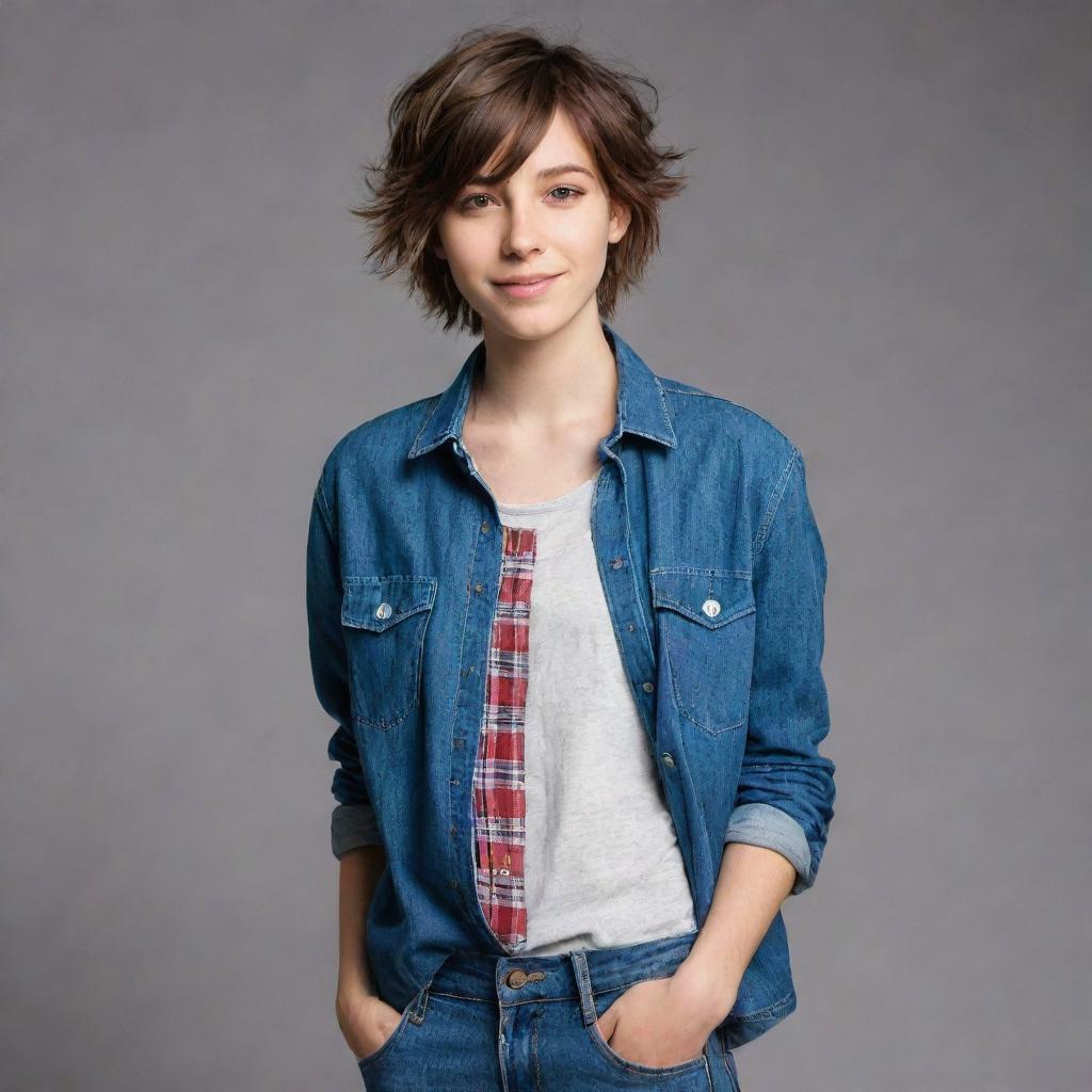 A tomboy styled girl with short hair and casual clothing like jeans and a plaid shirt. She is lively and full of energy.