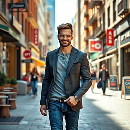 A handsome, confident man walking down a vibrant city street, exuding charm and charisma