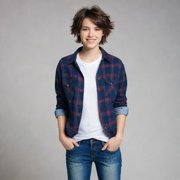 A tomboy styled girl with short hair and casual clothing like jeans and a plaid shirt. She is lively and full of energy.