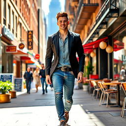 A handsome, confident man walking down a vibrant city street, exuding charm and charisma