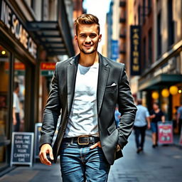 A handsome, confident man walking down a vibrant city street, exuding charm and charisma