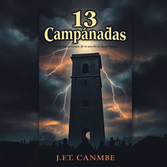 The cover design of a book titled '13 Campanadas', set in the 17th century, depicting a chilling curse where anyone awake at the sound of thirteen bells meets a tragic fate