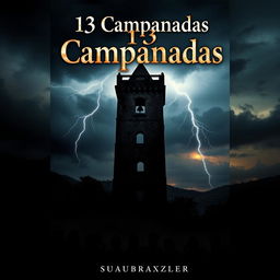 The cover design of a book titled '13 Campanadas', set in the 17th century, depicting a chilling curse where anyone awake at the sound of thirteen bells meets a tragic fate