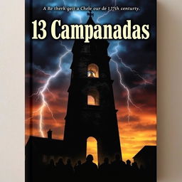 The cover design of a book titled '13 Campanadas', set in the 17th century, depicting a chilling curse where anyone awake at the sound of thirteen bells meets a tragic fate